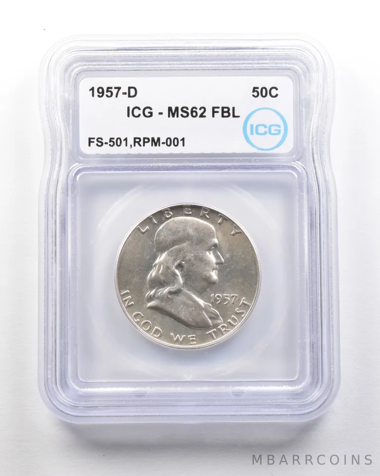 1957-D Franklin Half Dollar Mint Error FS-501 RPM-001 MS62 FBL ICG *1715