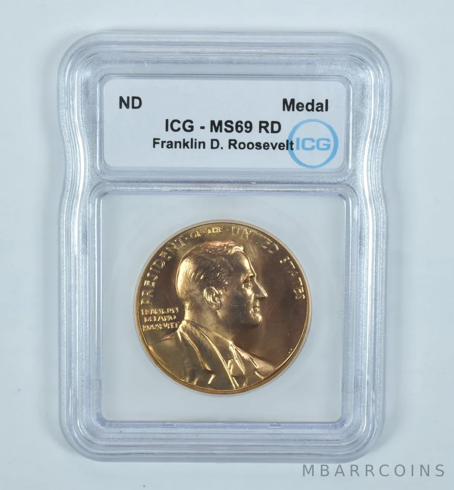 (ND) Presidential Medal Bronze Franklin D Roosevelt MS69 RD ICG