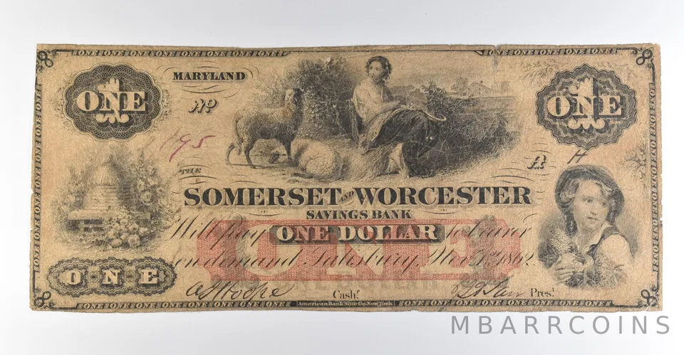 1862 $1 Salisbury MD Somerset & Worcester Savings Bank Obsolete Note *8495