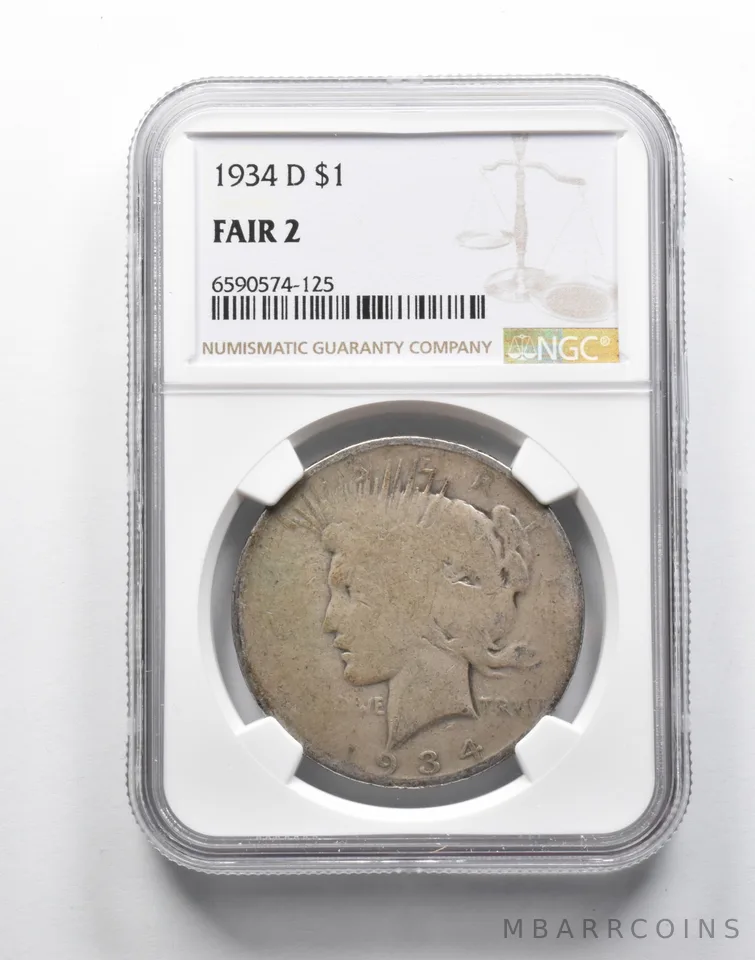 FAIR 2 1934-D Peace Silver Dollar NGC Lowball Low Ball Pocket Piece a9254