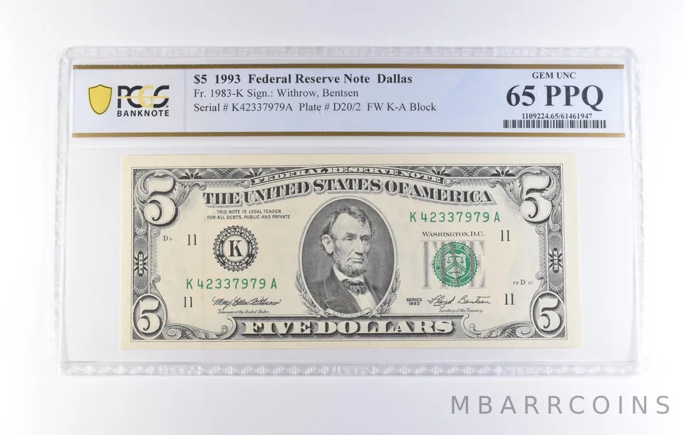 1993 $5 Dallas TX FRN Fr#1983-K Gem Unc 65 PPQ PCGS *8213