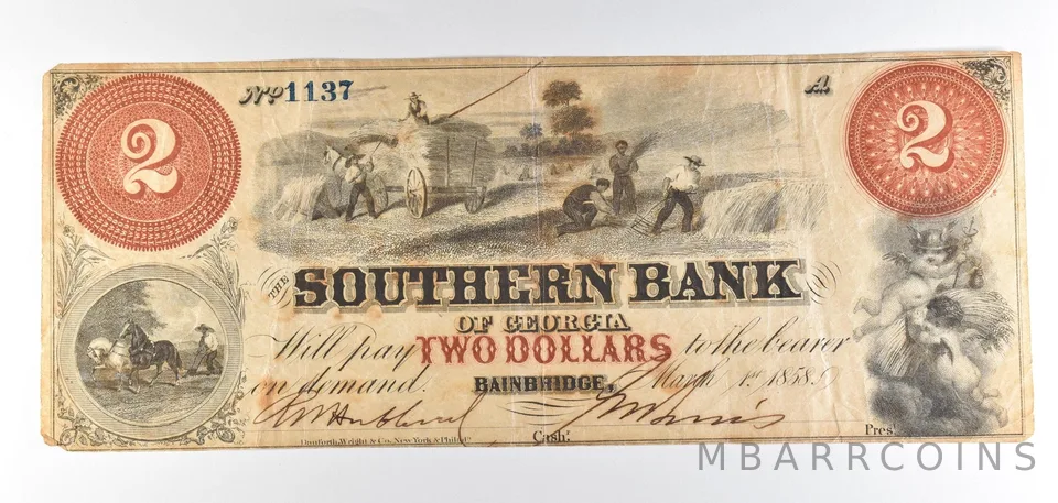 1858 $2 Bainbridge GA Southern Bank Of Georgia Obsolete Note *8798