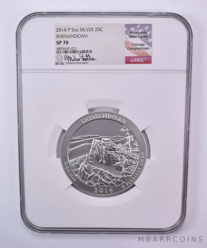 2014-P 5 Oz Silver Quarter ATB Shenandoah Mike Castle SP70 NGC