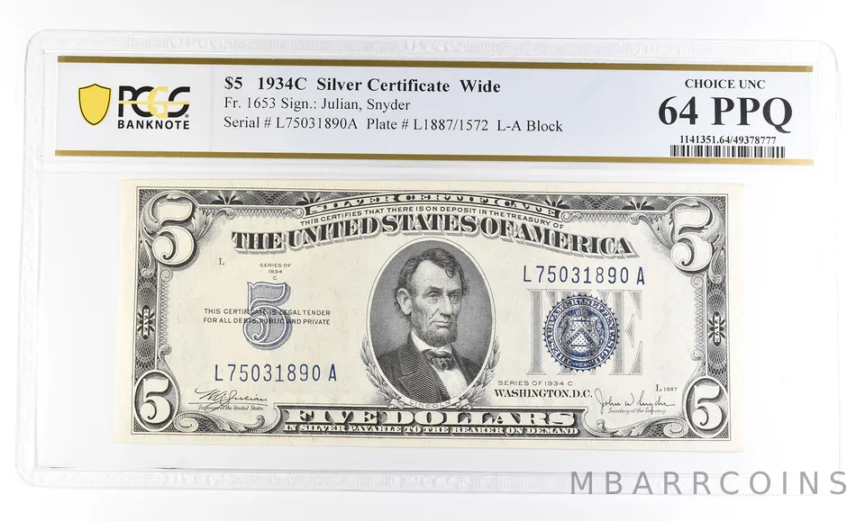 1934 C $5 Silver Certificate Wide Fr#1653 Choice Unc 64 PPQ PCGS a2839