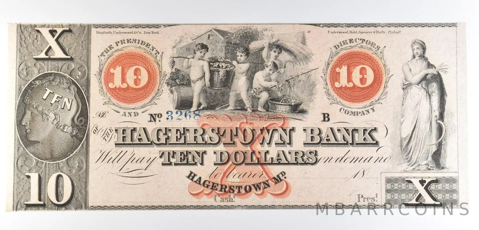 1800s $10 Hagerstown Bank MD Obsolete Note *8526