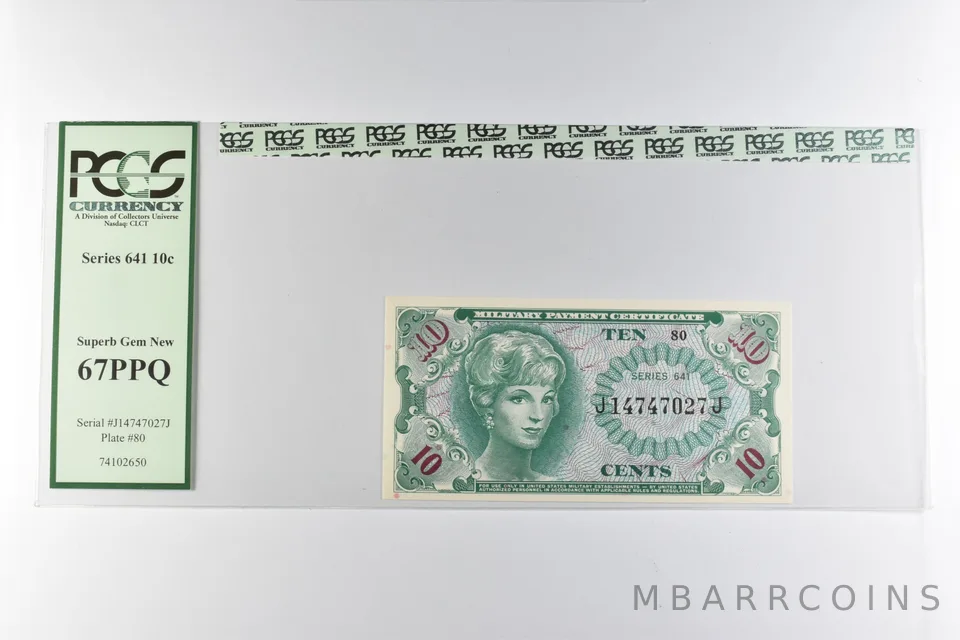 PCGS Superb Gem New 67 PPQ 5 10C Series 641 Military Payment Certificate *8296
