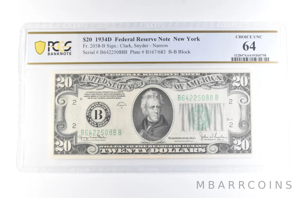 1934 D $20 New York NY FRN Fr#2058-B Choice Unc 64 PCGS a6081