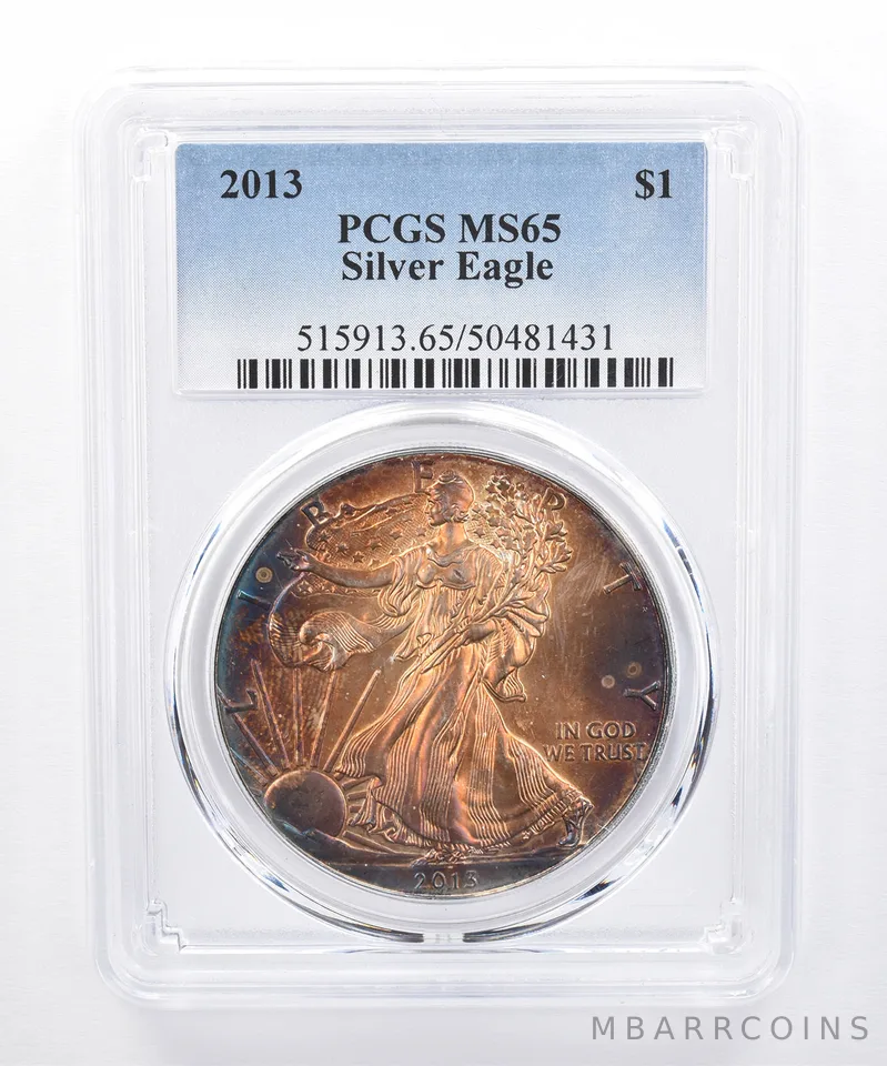 2013 American Silver Eagle MS65 PCGS Orange/Rainbow Tone *8450