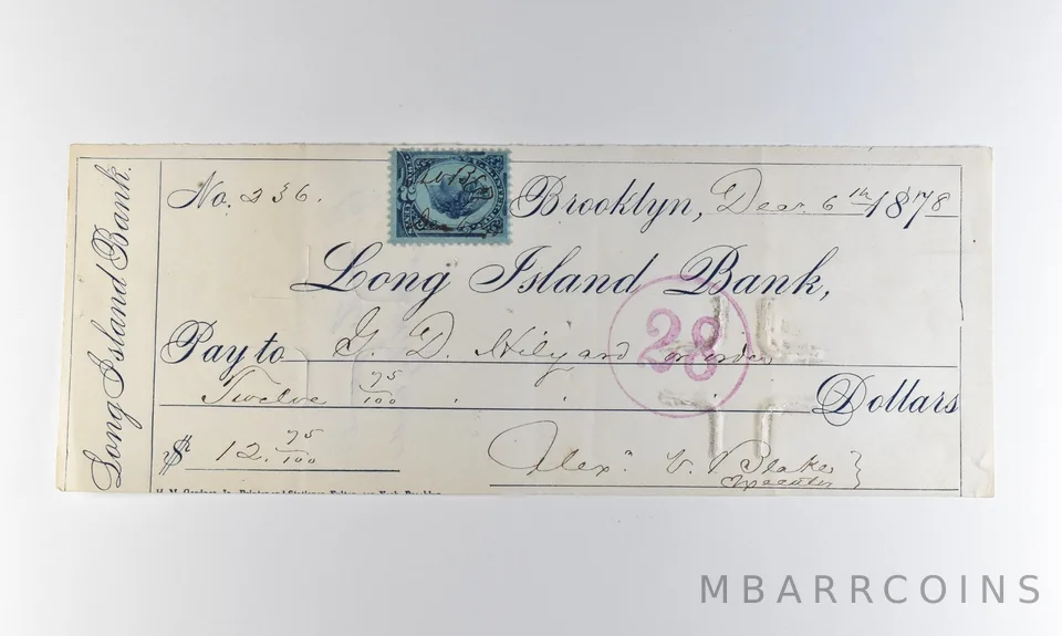 1878 New York NY Long Island Bank Check $12.75 *8301