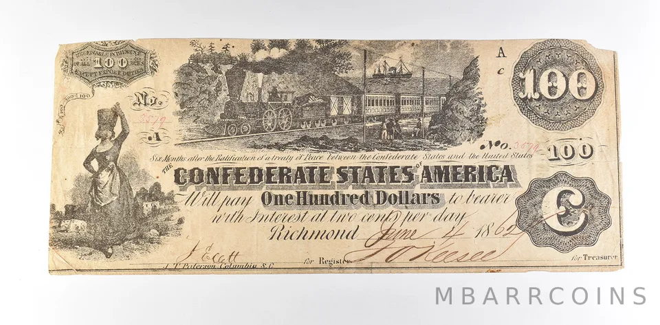 1862 $100 Confederate States Of America T-39 Large Note *8612