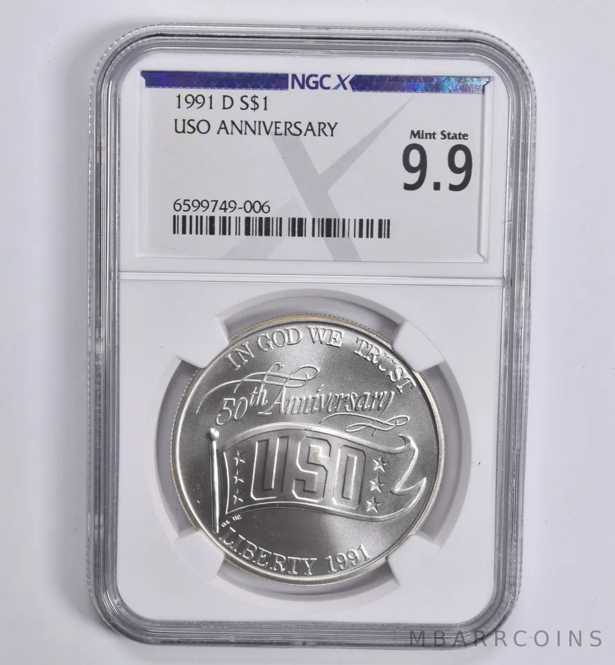 1991-D USO Anniversary Commemorative Dollar Mint State 9.9 NGC X NGCX