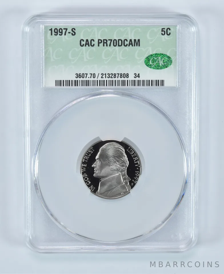 1997-S Jefferson Nickel PR70 DCAM CAC CACg