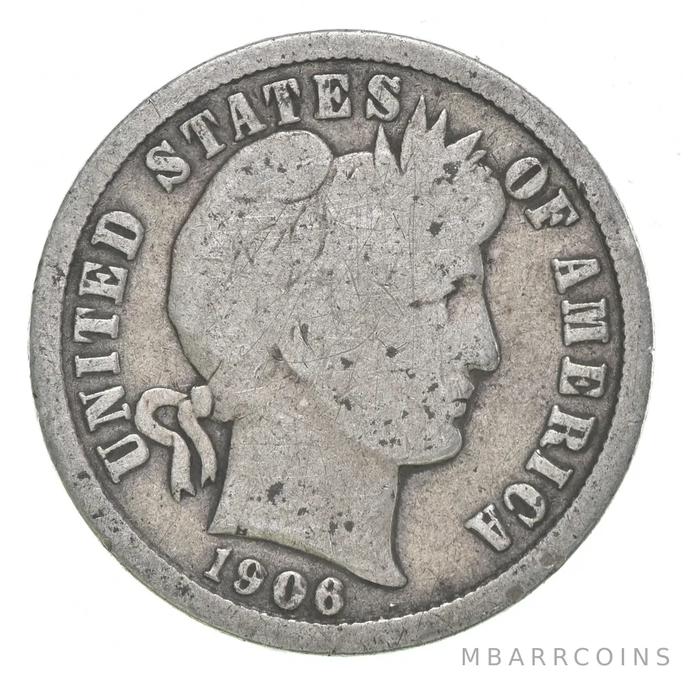 1906-D Barber Dime 90% Silver Average Circ