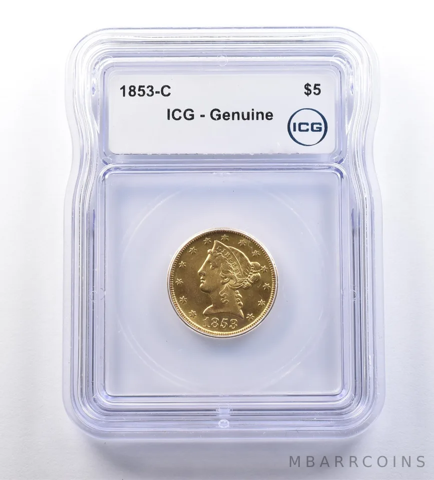1853-C $5 Liberty Head Gold Half Eagle Genuine ICG *9169
