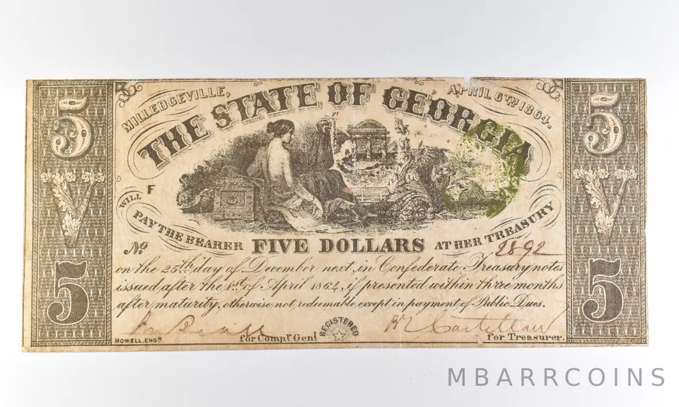 1864 $5 State Of Georgia Obsolete Note *8316