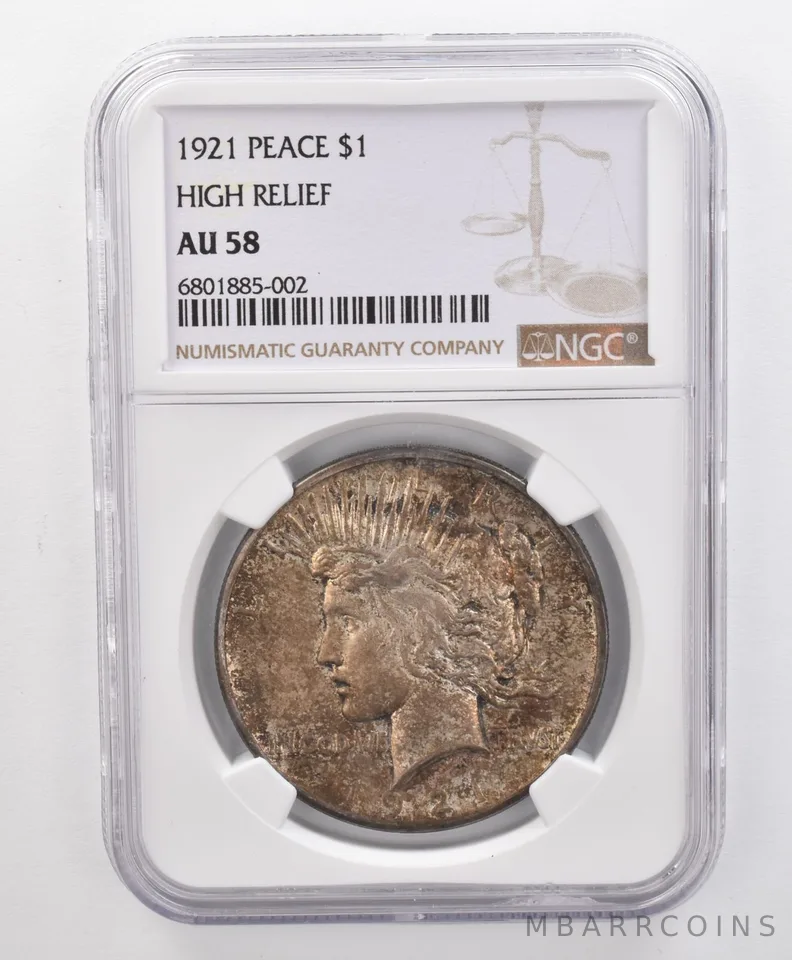 AU58 1921 Peace Silver Dollar High Relief NGC Beautifully Toned a1978