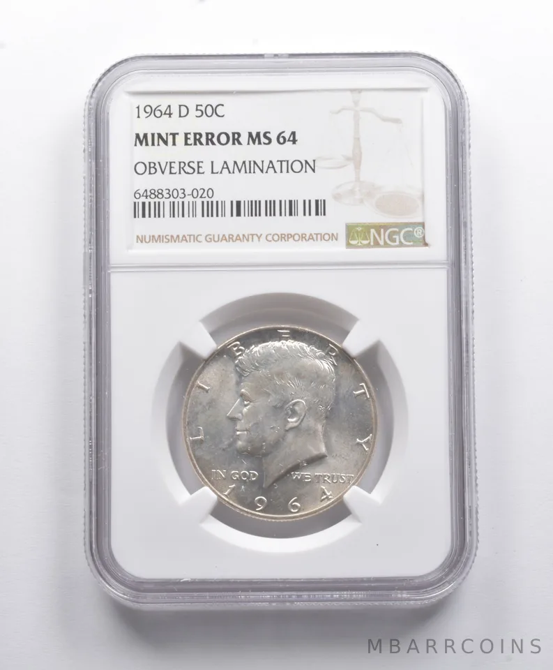 Mint Error MS64 1964-D Kennedy Half Dollar OBV Lamination NGC a8786