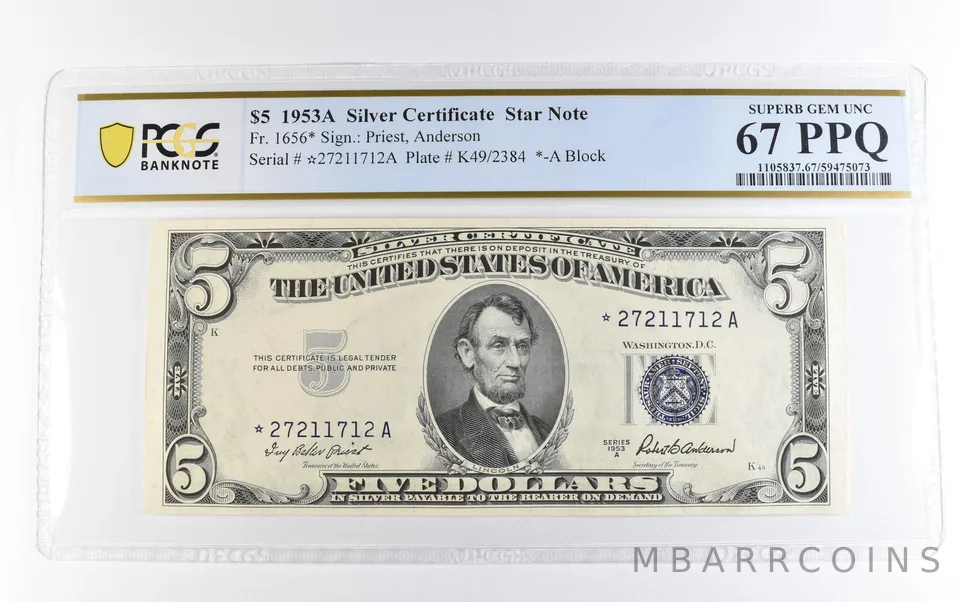 1953 A $5 Silver Certificate Star Note Fr#1656* Superb Gem Unc 67 PPQ PCGS *1693