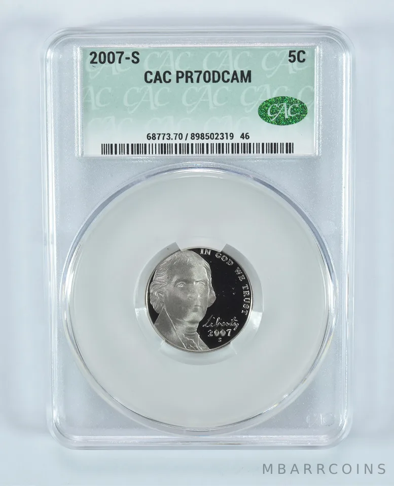 2007-S Jefferson Nickel PR70 DCAM CAC CACg