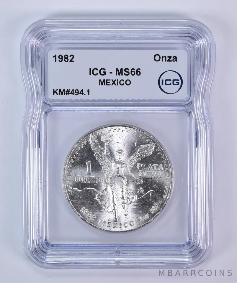 1982 Mo Mexico 1 Onza Silver Libertad KM#494.1 MS66 ICG