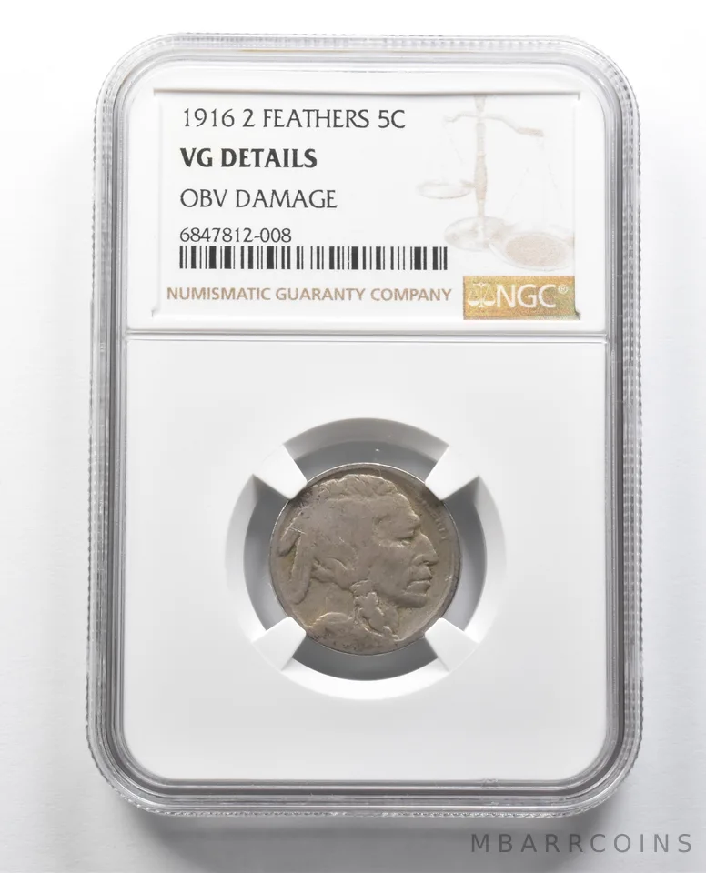 VG Details 1916 2 Feathers Indian Head Buffalo Nickel Obv Damage NGC *2410