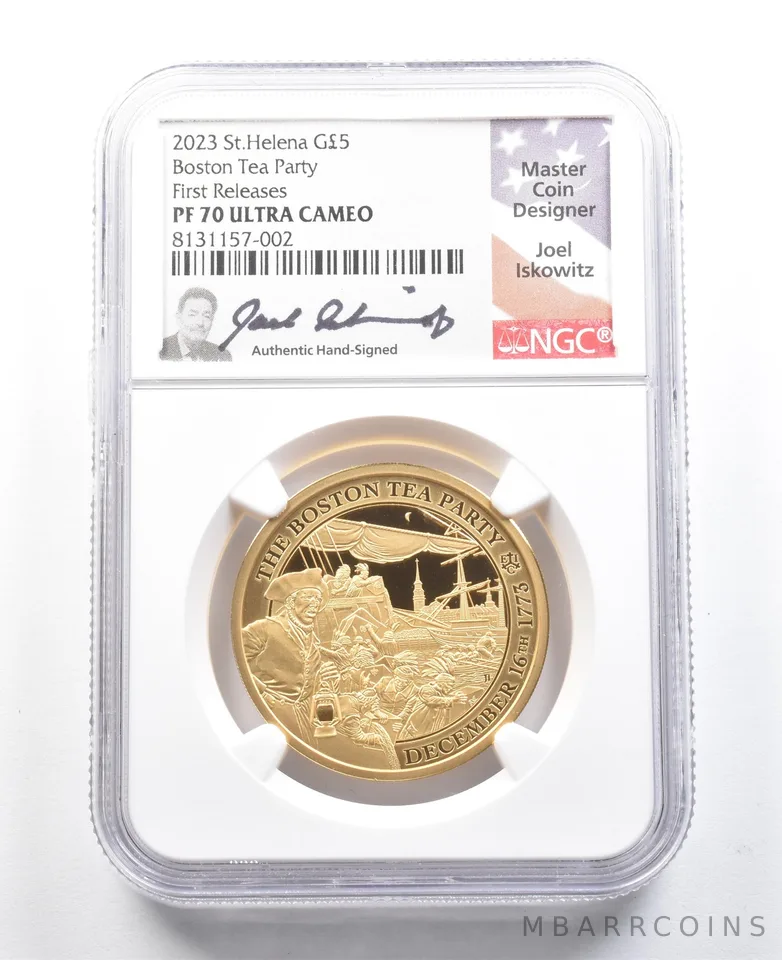 2023 St Helena 5 Pound Gold Boston Tea Party Joel Iskowitz FR PF70 NGC *5471