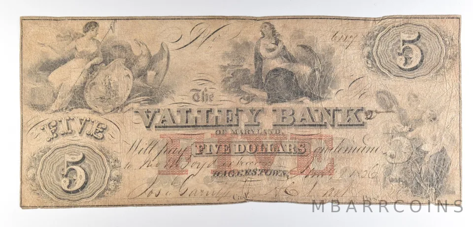 1856 $5 Hagerstown MD Valley Bank Obsolete Note *8520