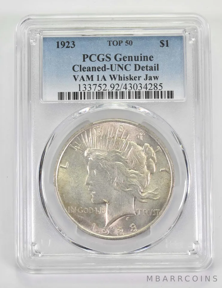 UNC Detail Genuine 1923 Peace Silver Dollar VAM 1A Whisker Jaw Top 50 PCGS a9717