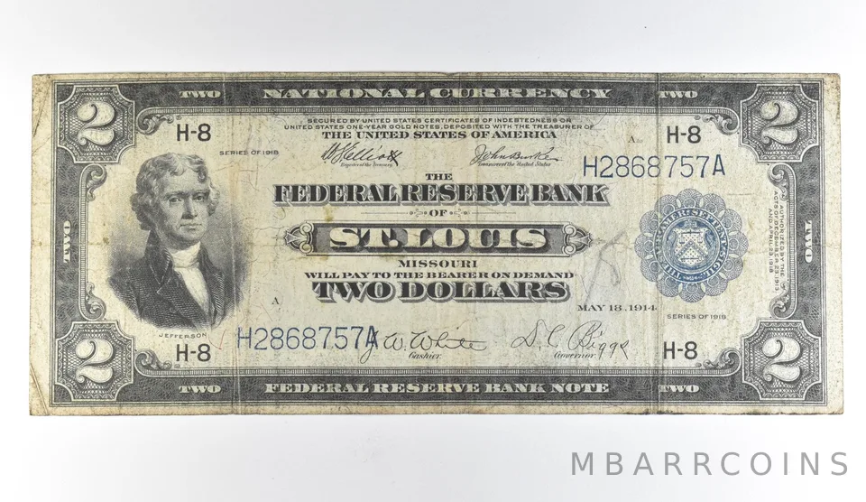 1918 $2 St Louis MO National Currency Large Note Blue Seal Battleship *1674