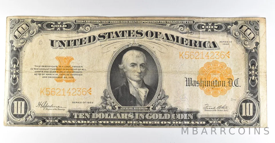 1922 $10 Gold Certificate Large Note Yellow Seal *8357