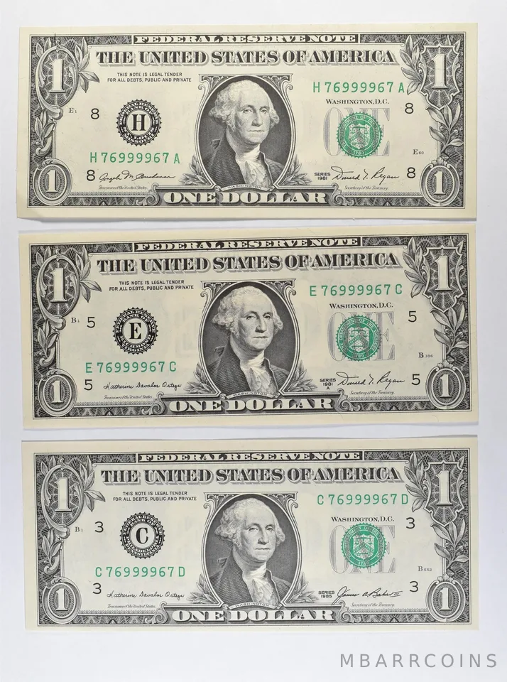 Lot (3) Matching Serials 1985/1981/1981 A $1 PA/Richmond/St Louis FRN *1733