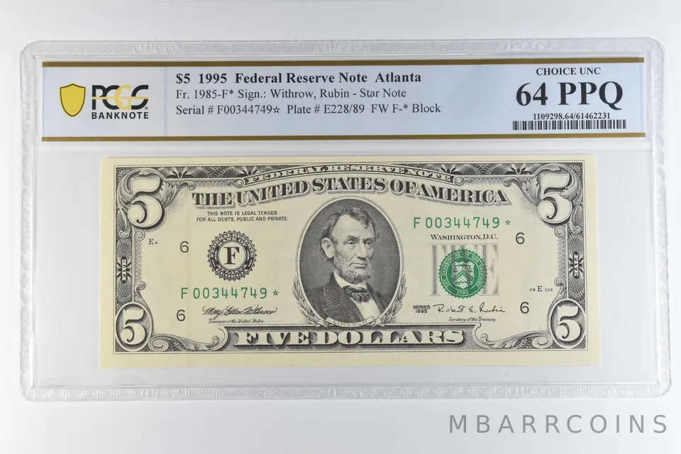 1995 $5 Atlanta GA FRN Star Note Fr#1985-F* Choice Unc 64 PPQ PCGS *6530