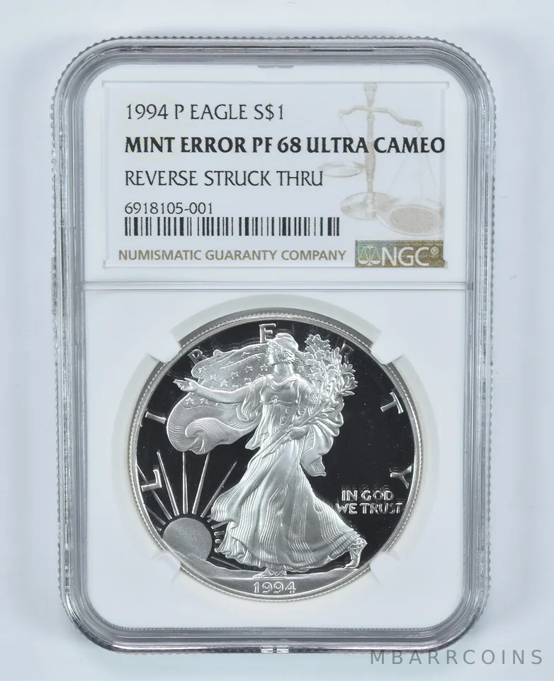 ERROR 1994-P American Silver Eagle PF68 UCAM Reverse Struck Thru NGC a9004