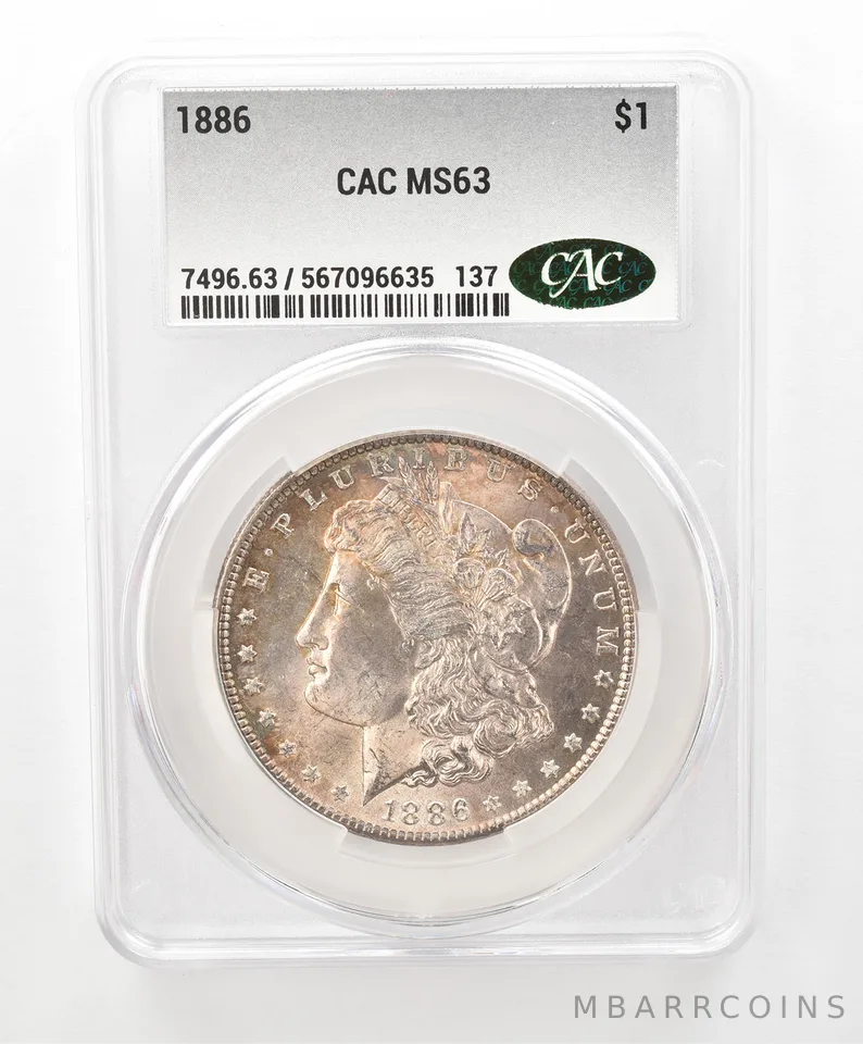 1886 Morgan Silver Dollar MS63 CAC CACg Beautiful Tone *6612