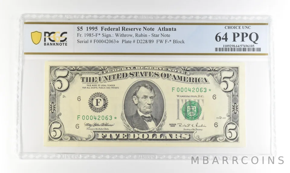 1995 $5 FRN Atlanta GA Fr#1985-F* Star Error Choice Unc 64 PPQ PCGS *4237