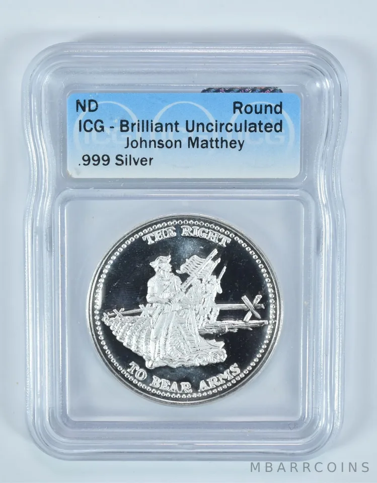 (ND) Silver Art Round 1 Oz Right To Bear Arms Johnson Matthey BU ICG