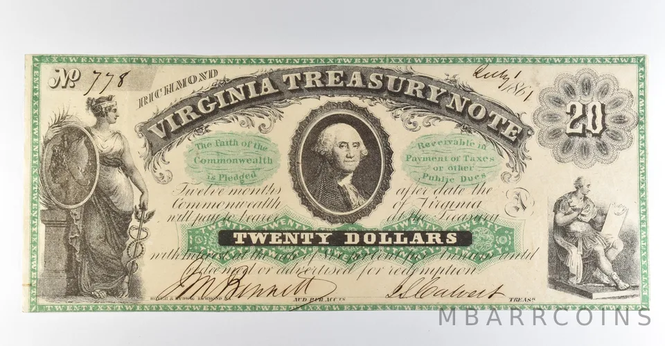 1861 $20 Richmond VA Treasury Note Obsolete Note *8388