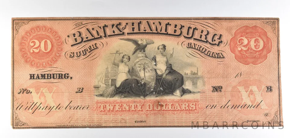 1800s $20 Bank Of Hamburg SC Obsolete Note *8781