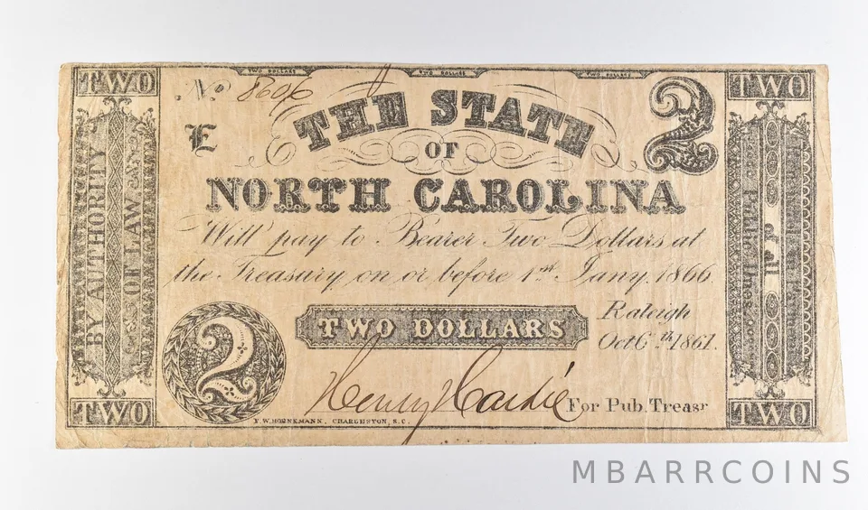 1861 $2 State Of North Carolina Obsolete Note *8718