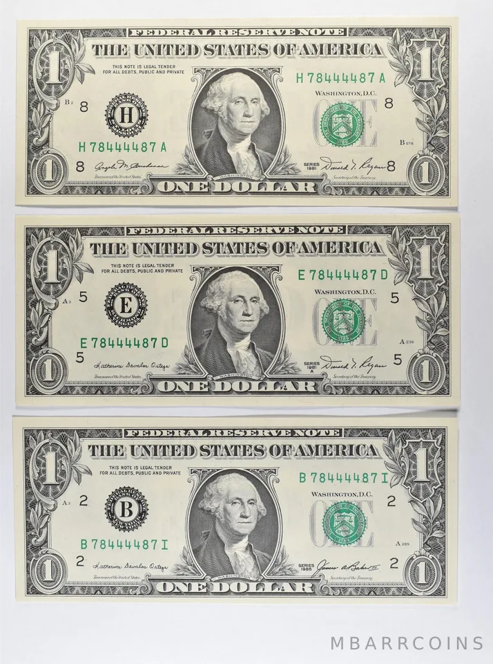 Lot (3) Matching Serials 1981/1981 A/1985 $1 St Louis/Richmond/NY FRN *1737