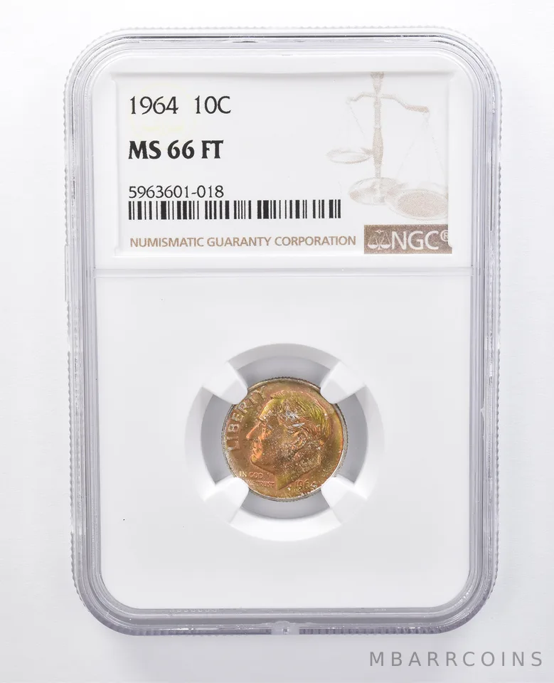 1964 Roosevelt Dime MS66 FT NGC Orange Tone a7982