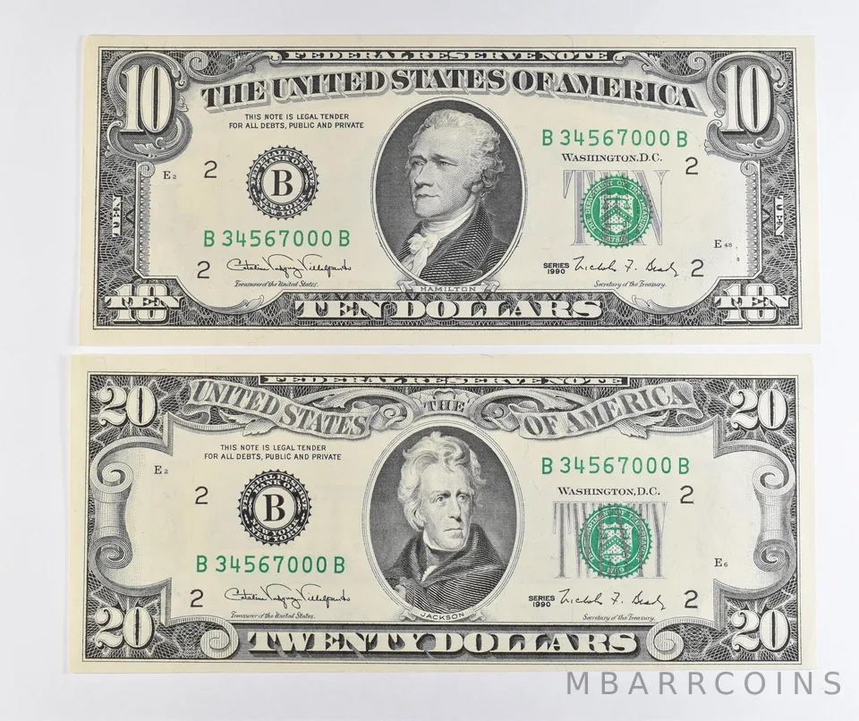 Lot (2) Matched Ladder Numbers 1990 $10/$20 New York NY FRN *1713