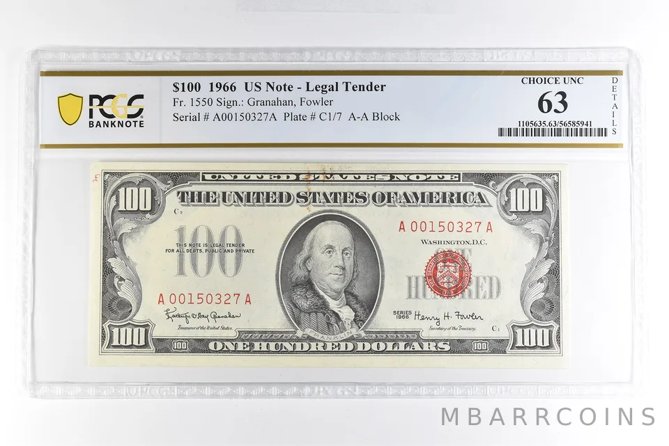 1966 $100 US Legal Tender Note Fr#1550 Choice Unc 63 Details PCGS *4963