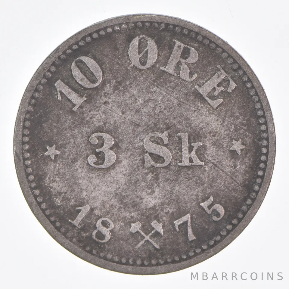 Better Date - 1875 Norway 10 Ore World Coin- Silver *142