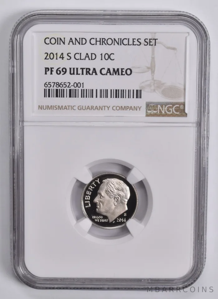 2014-S Roosevelt Dime 10C CLAD Coin and Chronicles PF69 NGC Brown Lbl