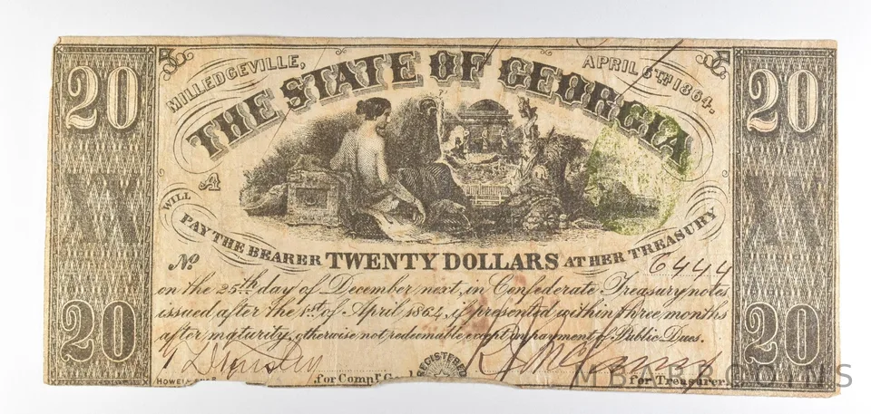 1864 $20 Milledgeville GA Obsolete Note *8805