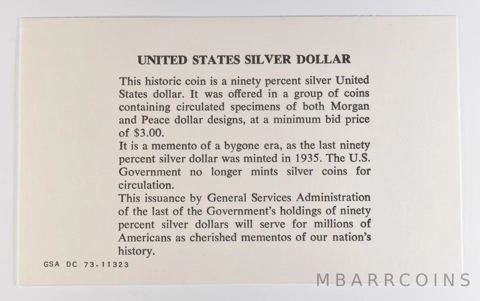 GSA United States Silver Dollar COA Certificate 73.11323 *1463