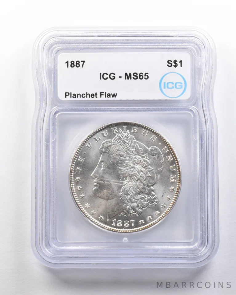 1887 Morgan Silver Dollar Mint Error Planchet Flaw MS65 ICG a1601