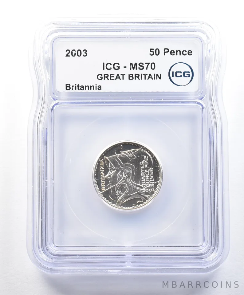 2003 Great Britain 50 Pence Silver Britannia 1/4 Oz MS70 ICG a8983