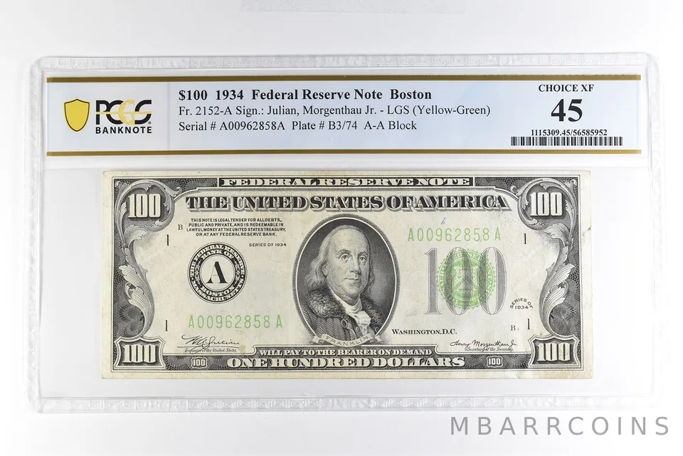 1934 $100 Boston MA FRN Fr#2152-A Yellow-Green Seal Choice XF 45 PCGS *4974